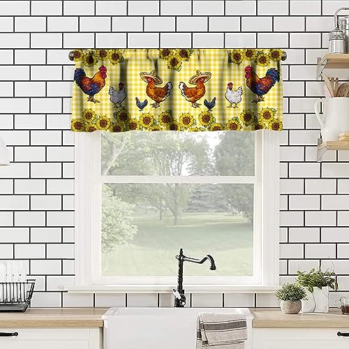 Rooster Window Valance, Western Farm Chicken Sunflower Retro Yellow Buffalo Grid Print Rod Pocket Short Window Treatments for Home Kitchen Living Room Bedroom, 54x18in - color: Farmhouse Animal-11