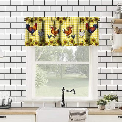 Rooster Window Valance, Western Farm Chicken Sunflower Retro Yellow Buffalo Grid Print Rod Pocket Short Window Treatments for Home Kitchen Living Room Bedroom, 54x18in - color: Farmhouse Animal-11
