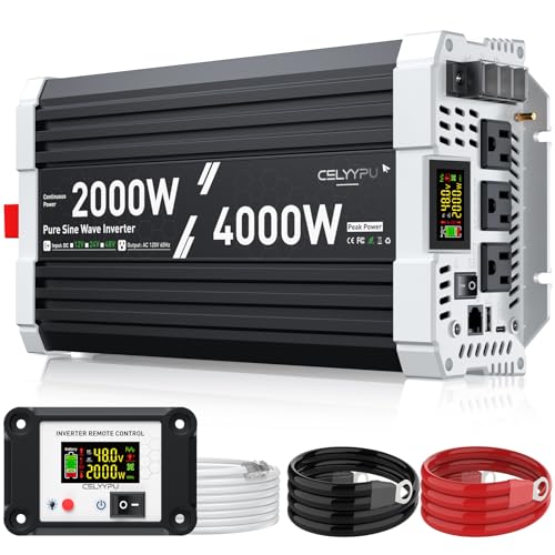 2000 watt Pure sine Wave Inverter, 48V DC to 110V AC Power Inverter, Used for Solar Emergency Power Supply in RV Homes, with 3 AC Output sockets, USB Port, Type-C Port, Remote Control with LCD Screen - size: 48v-2000W