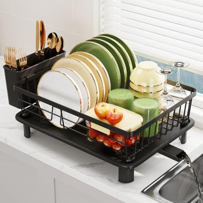 Dish Drainer Rack with Drip Tray, Sink Dish Drainer with Drainage Spout, Stainless Steel Dish Drying Rack with Cups, Utensil & Cutting Board Holders for Kitchen Counter Space-Saving, Black - color: Black