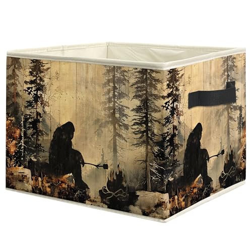 Vintage Camping Forest Bigfoot Storage Bin Box with Handles, Farmhouse Campfire Sasquatch Foldable Linen Fabric Laundry Basket for Kids Room Nursery Playroom Bathroom Home Clothes Toys Books - color: Forest Bigfoot