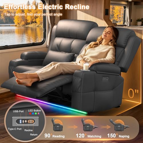 Power RV Loveseat Recliner Sofa, Reclining Loveseats Couch for RV Furniture, Home Theater Seating with Heat Massage, USB, Insert Pockets, Cup Holders, 150° Wall Hugger RV Recliners Sleeper Sofas - color: Dark Gray, size: Loveseat-G1-Power