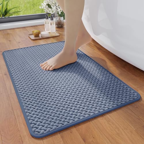 YDKGL Bathroom Rugs Non Slip, Super Absorbent Quick Dry Bath Mats for Bathroom, Foam Weave Texture Thin Bath Rugs Washable with Rubber Backing Fit Under Door Outside Shower,24" x 35“ - color: Blue, size: 24” X 35“