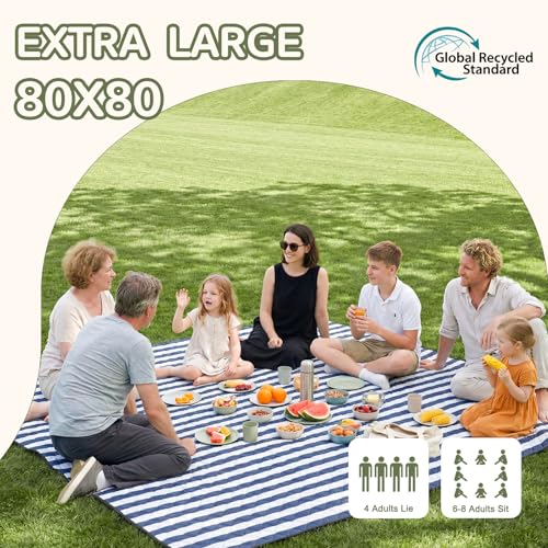 Genovega Waterproof Sandproof Beach Blanket Picnic Outdoor Mat Rug Extra Large Foldable Sand Free Big Giant XL Towel Car Essential Roadtrip Gadget Rv Accessories Gear Must Have Hiking Item Necessities - color: Stripe Navy