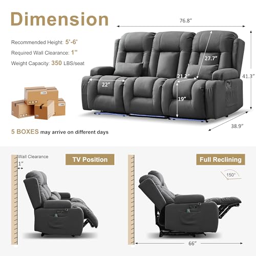URRED Power Loveseat Recliner Sofa with Massage and Heat, Wall Hugger Reclining Loveseat with Console, RV Couch Home Theater Seating with LED Lights for Living Room (Gray, 76.8" - 3 Seats) - color: Grey, size: 76.8" - 3 Seats
