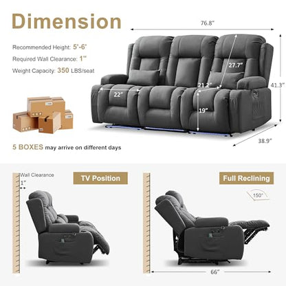 URRED Power Loveseat Recliner Sofa with Massage and Heat, Wall Hugger Reclining Loveseat with Console, RV Couch Home Theater Seating with LED Lights for Living Room (Gray, 76.8" - 3 Seats) - color: Grey, size: 76.8" - 3 Seats