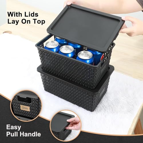 NUMIFUN Storage Bins with Lids, Set of 6, Stackable Woven Design, Black Plastic Containers with Easy Pull Handles, Interlocking Rim, Stackable Storage Boxes with Lids for Pantry, Closet - color: Black