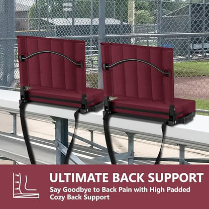 Stadium Seat for Bleachers with Back Support, Portable Bleacher Seat with Wide Comfy Padded Cushion, Metal Hook, Folding Stadium Chair with Shoulder Strap, Carry Handle, Cup Holder, Burgundy - color: Burgundy