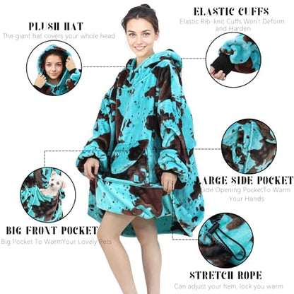 Turquoise Wearable Blanket Hoodie - Warm & Cozy Plush Fleece Sweatshirt Blanket Teal Blue Gifts for Men Women Birthday with Giant Hood Pocket and Sleeves - color: Black Blue, size: Adult