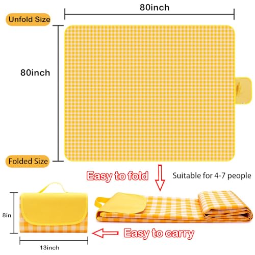 Extra Large Picnic Blanket Beach Blankets, 80''x80'' Picnic Mat Waterproof Sand Proof Foldable Portable for Outdoor Camping Hiking Travel Grass Park Music Festival Lawn Mats (yellow, 80x80 inch) - color: Yellow 80x80 Inch