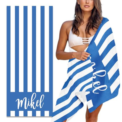 MeMoShe Personalized Beach Towel with Name Custom Microfiber Kids Beach Towels Sand Free Quick Dry Pool Towel Blanket Stripes Print Beach Towels for Adults 30x60 Inch-Blue-2 - color: Blue-2