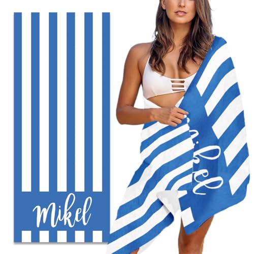 MeMoShe Personalized Beach Towel with Name Custom Microfiber Kids Beach Towels Sand Free Quick Dry Pool Towel Blanket Stripes Print Beach Towels for Adults 30x60 Inch-Blue-2 - color: Blue-2