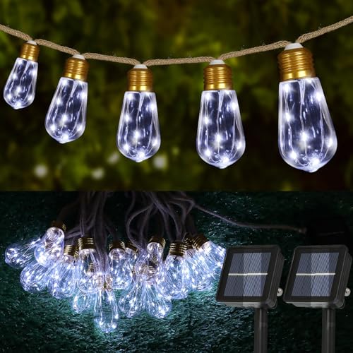 Solar Outdoor String Lights 2 Pack 24FT Vintage Rope Hemp Solar Lights with 20 Shatterproof Bulbs,8 Modes Solar Powered String Lights with Memory Function, Waterproof for Fence,Balcony,Garden(White) - color: White, size: 48ft