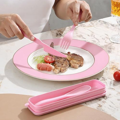 Wheat Straw Utensils Set with Case, Reusable Travel Cutlery Knife Fork Spoon, BPA-Free Portable Flatware for Camping, Hiking & Picnic (Pink) - color: Pink