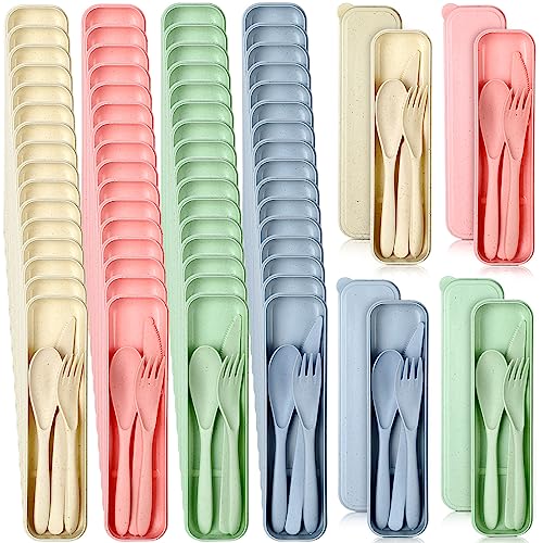 Jinei 50 Sets Reusable Travel Utensils Set with Case Wheat Straw Cutlery Portable Spoon Knife Forks Lunch Box Accessories Friendly Tableware for Kids Adults Camping Utensils(Bright) - color: Bright