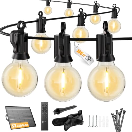 Brightown 108FT 52LED Solar String Lights Outdoor with Remote & USB Port, Shatterproof Bulbs, Dimmable & Timable, 3 Modes, Patio Lights Solar Powered with Mount Clips for Camping Backyard Garden Decor - size: 108FT