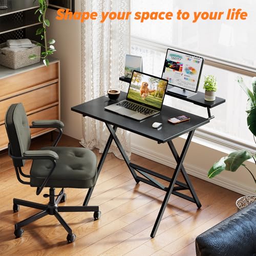 WOHOMO Folding Computer Desk with Adjustable Height, 23.6" x 31.5" x 25.6" Foldable Table with Monitor Stand, Small Office Desk for Bedroom, Space Saving Desk for Home Office, Easy Assemble, Black - color: Black