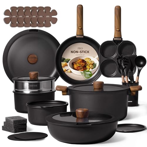 CAROTE 33pcs Pots and Pans Non Stick, Cookware Sets Detachable Handle, Induction Kitchen Pots and Pans,NonStick Cooking Set, Oven/Dishwasher/Fridge Safe, Space Saving, Mothers Day Gifts - color: Black, size: 33 Piece