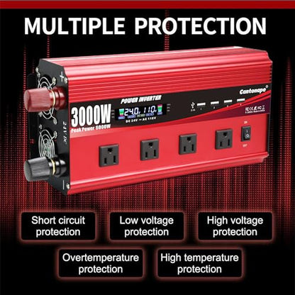 Cantonape 3000W Power Inverter 24V to 110V/120V DC to AC with LCD Display, Remote Controller 4 x AC Outlets and 4 x 3.1A USB Car Adapter for Car Truck Boat RV Solar System - size: 3000W-24V