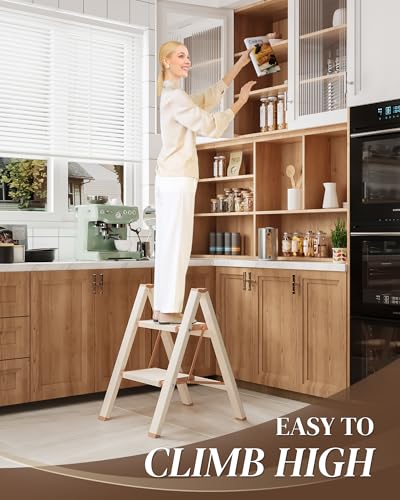 2 Step Ladder, Folding Step Stool with Wider Pedal, Anti-Slip Feet & Non Slip Stripes, Aluminum Sturdy Material, 300Lbs Capacity, Elegant Look of Cream Chocolate Better Matches Your Home - color: Cream Chocolate, size: 2 Step