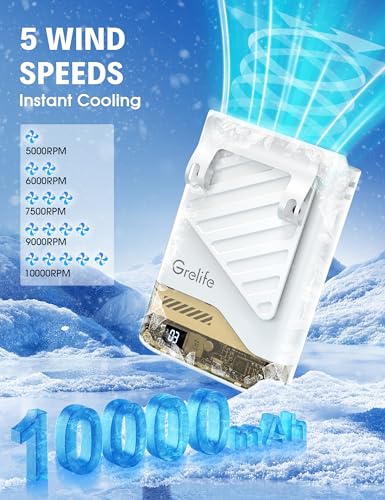 Grelife AI Portable Fan with LED Display & 40H Runtime,5-Speed 10000RPM Cooling Personal Waist Handheld Fan Rechargeable,33ft/s Wind Speed for Outdoor,Camping,Farm,Jobsite(White) - color: White