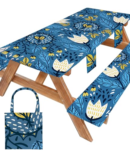 Picnic Table Cover with Bench Covers Waterproof Elastic Rectangle Tablecloth Camping Essentials Supplies Rv Car Travel Gear Must Haves Accessories Fitted Table Cloth Outdoor Road Trip Camper Gifts 8ft - color: Blue Flower, size: 96in