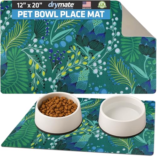 Drymate Pet Bowl Placemat, Dog & Cat Food Feeding Mats, 12x20, Lulu Green | Absorbent Fabric, Waterproof Backing, Slip-Resistant, Machine Washable, Contains Spills & Mess, Protects Floors, USA Made - color: Lulu Green 1, size: 20"L x 12"W