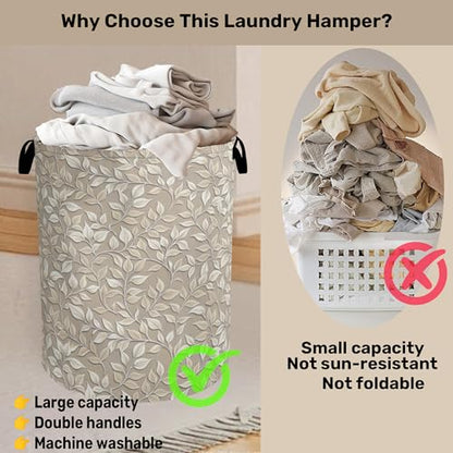 Beige Leaves Modern Laundry Basket - Heavy Duty 60L Dirty Clothes Organizer, Water Resistant Foldable Hamper for Men Women - color: Beige Leaves Modern