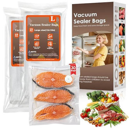 Reusable Vacuum Sealer Bags for Food – 30 Large (12 x 13 in) For Elxis Vacuum Sealer (Without Vacuum Sealer) - size: 30 -Large Bags (12x13 in)