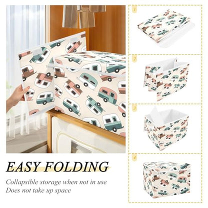 Retro Camper Trailers Storage Bins with Lids Foldable Storage Basket with Handles Collapsible Large Fabric Organizer Containers for Clothes Shelves Closet Office Home
