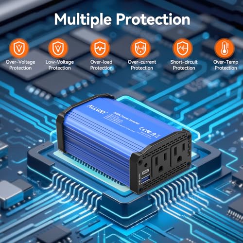 ALLWEI 300W Car Power Inverter, DC 12V to 110V AC Converter Car Plug Adapter Outlet with 27W PD USB-C & 18W USB-A Fast Charge, Car Cigarette Lighter Car Charger for Phone, Laptop on Road Trip -Blue - color: PD27W-Blue