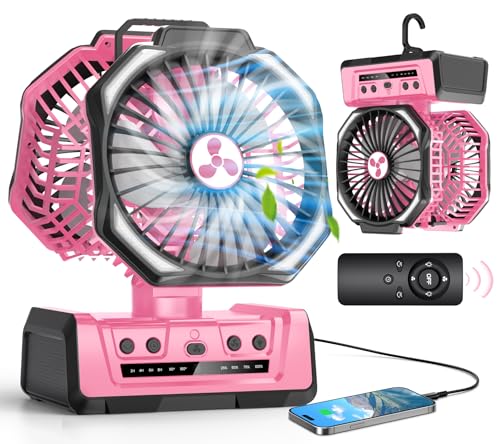 Dual Head Portable Rechargeable Fan 20000mAh Battery Powered Camping Fan Cordless with LED Lantern & Remote, Auto Oscillation, Hook, Battery Operated for Tent Office Travel Picnic Jobsite Pink - color: Pink, size: X Large