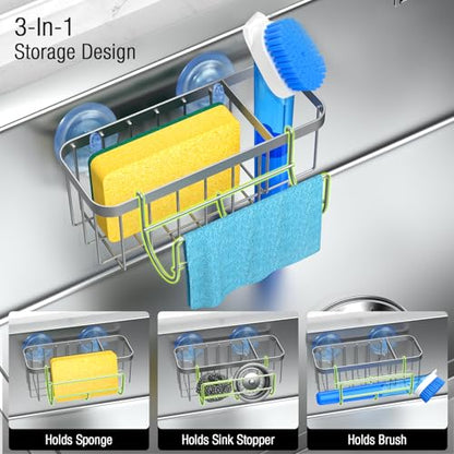 3-in-1 Kitchen Sink Caddy Organizer with Sponge Holder, Brush Holder, Extra Rack for Scrubber, Sink Stopper, Dish Cloth Hanger - Strong Dual Suction Cup, 2.0mm SUS304 Stainless Steel - Silver - color: Silver