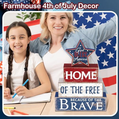 Huquary 4 Pcs 4th of July Decorations Patriotic Memorial Day Table Sign Independence Day Table Wood Decorations Red White Blue Block for Office Tiered Tray Home Shelf 250th Anniversary(Retro Star)
