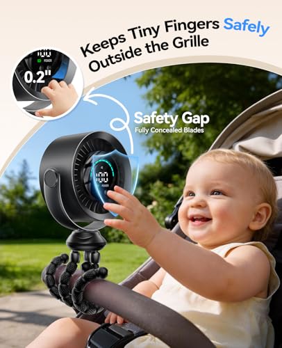 KIMMOO Portable Baby Stroller Fan, 360° Adjustable Quiet Rechargeable USB Fan with LED Display, 100 Speeds Safe Clip Fan for Stroller, Powerful Cooling Fan for Golf Car Seat Treadmill Travel, Black - color: Black