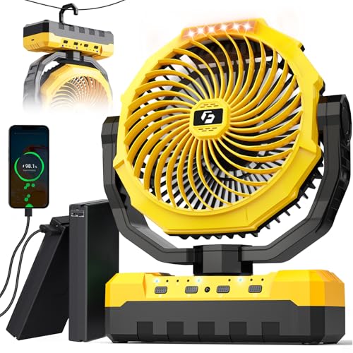 36000mAh Portable Camping Fan - 120HRS Rechargeable Fan with Detachable Battery with LED & Remote - 4 Speeds Battery Powered for Tent,Travel, Office, Jobsite - color: Yellow2