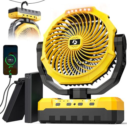 36000mAh Portable Camping Fan - 120HRS Rechargeable Fan with Detachable Battery with LED & Remote - 4 Speeds Battery Powered for Tent,Travel, Office, Jobsite - color: Yellow2