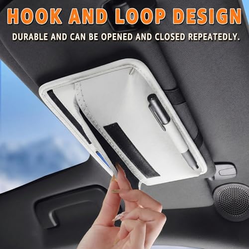 HOLDCY Car Visor Organizer – Sun Visor Storage Pouch Holder for Vehicle Truck SUV, PU Leather Auto Interior Accessories for Registration Document, Gas Card & Sunglasses, Universal Fit (White) | Keeps Registration, Cards & Sunglasses Neatly Within Reach -