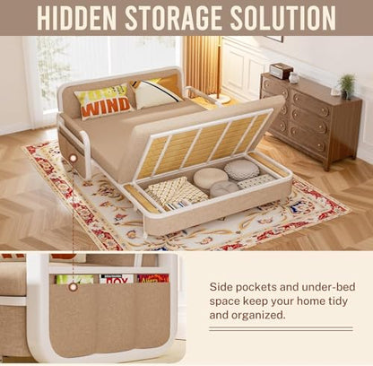 62" Pull Out Sofa Bed, 3 in 1 Convertible Sleeper Sofa, Full Size Loveseat Couch Bed with Storage, Trundle and 2 Pillows for Living Room, Bedroom, Dorm, RV,Office (Saddle Tan 809) - size: 62"- Full Size