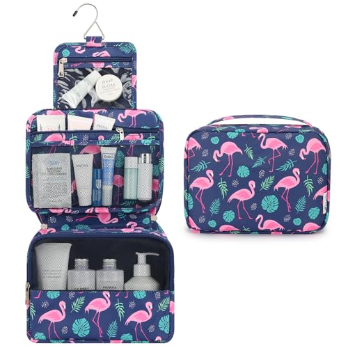 Mossio Hanging Toiletry Bag with Sturdy Hook - Large Portable Cosmetic Makeup Travel Organizer for Men & Women - color: Navy Flamingo
