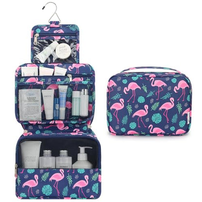 Mossio Hanging Toiletry Bag with Sturdy Hook - Large Portable Cosmetic Makeup Travel Organizer for Men & Women - color: Navy Flamingo