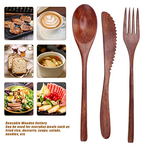 3-Piece Wooden Cutlery Set, Portable Reusable Wooden Utensil Set Including Spoon Fork Knife and Box for Lunch, Camping, Family and Office