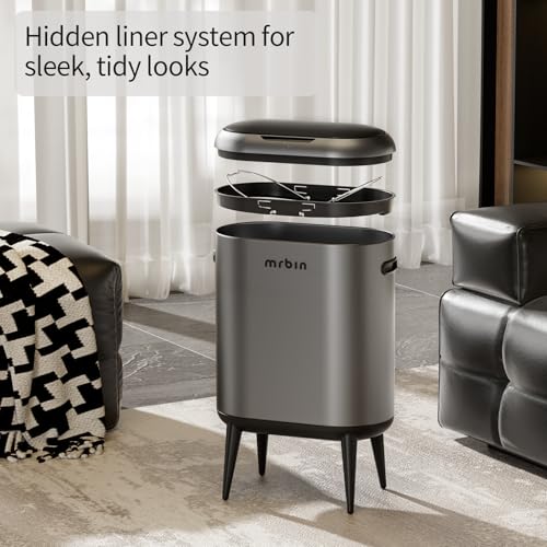 MRBIN 40L/11Gal Slim Sensor Trash Can with Legs, Touchless Motion Sensor Garbage Bin,Side Handles, Narrow Automatic Waste Basket for Kitchen, Living Room, Bedroom, Eclipse Grey
