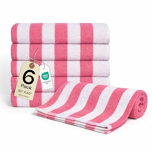 Salt Earth Cotton Striped Beach Cabana Towel, 6 Pack - 30"x60" Quick Dry Towels, Pool Essentials, Travel, Gym & Bathroom Towels, Oversized Beach Vacation EssentialsLux Pink - color: Lux Pink, size: Pack of 6