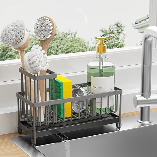 Cisily Sponge Holder for Kitchen Sink, Sink Caddy Organizer with High Brush Holder, Kitchen Countertop Organizers and Storage Essentials, Rustproof 304 Stainless Steel (Dark Grey, 9.25″) - color: Dark Grey - 9.25″