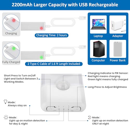 15.9 inch Motion Sensor Under Cabinet Lights, Magnetic Rechargeable Under Counter Closet Light, Wireless Night Light Bar Stick-On, Cool White, 2-Pack - color: Cool White, size: 15.9 inch