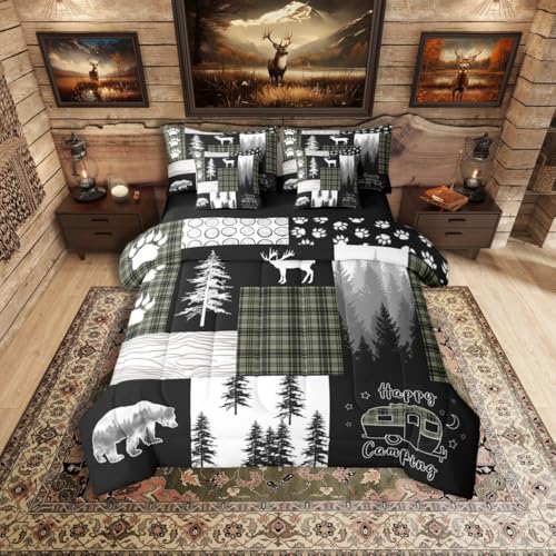 Erosebridal 7Pc Rustic Cabin Bear King Bedding Set, Hunting Deer Lodge Country Comforter Set with Sheets, Green Black Checkered Patchwork Bed in a Bag RV Camper Camping Quilt for Travel Trailer - color: Black and Green, size: King