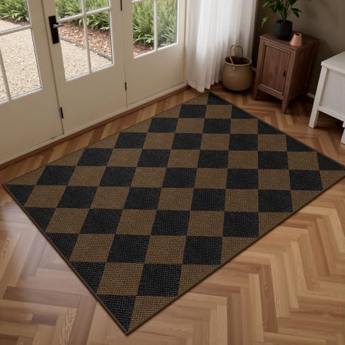 Rugalia Easy Jute Checkered Entryway Rug, 2.6x4 Coffee Modern Indoor Outdoor Doormat Non-Slip Washable Kitchen Rug, Neutral Farmhouse Diamond Throw Rugs for Entrance Bedroom Porch Patio - color: Coffee Checkered, size: 2.6' x 4' (Rectangular)