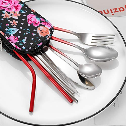 Travel Utensils,Reusable Silverware Set To Go Portable Cutlery Set with a Waterproof Carrying Case for Lunch Boxes Workplace Camping Picnic (GraRed) - color: Gradient Red+ TeaSpoon
