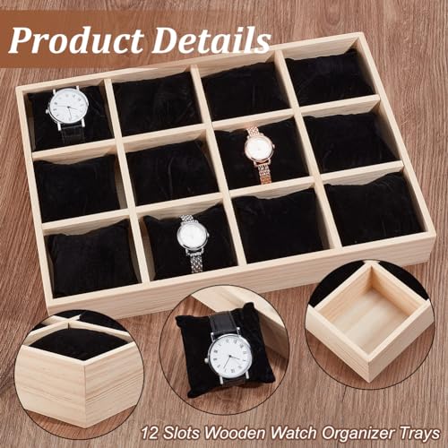 PH PandaHall 12 Slot Wooden Watch Organizer Tray Display Holder with Removable Velvet Pillows, Stackable Jewelry Bracelet Storage Tray for Drawer Showcase, Black - color: Black